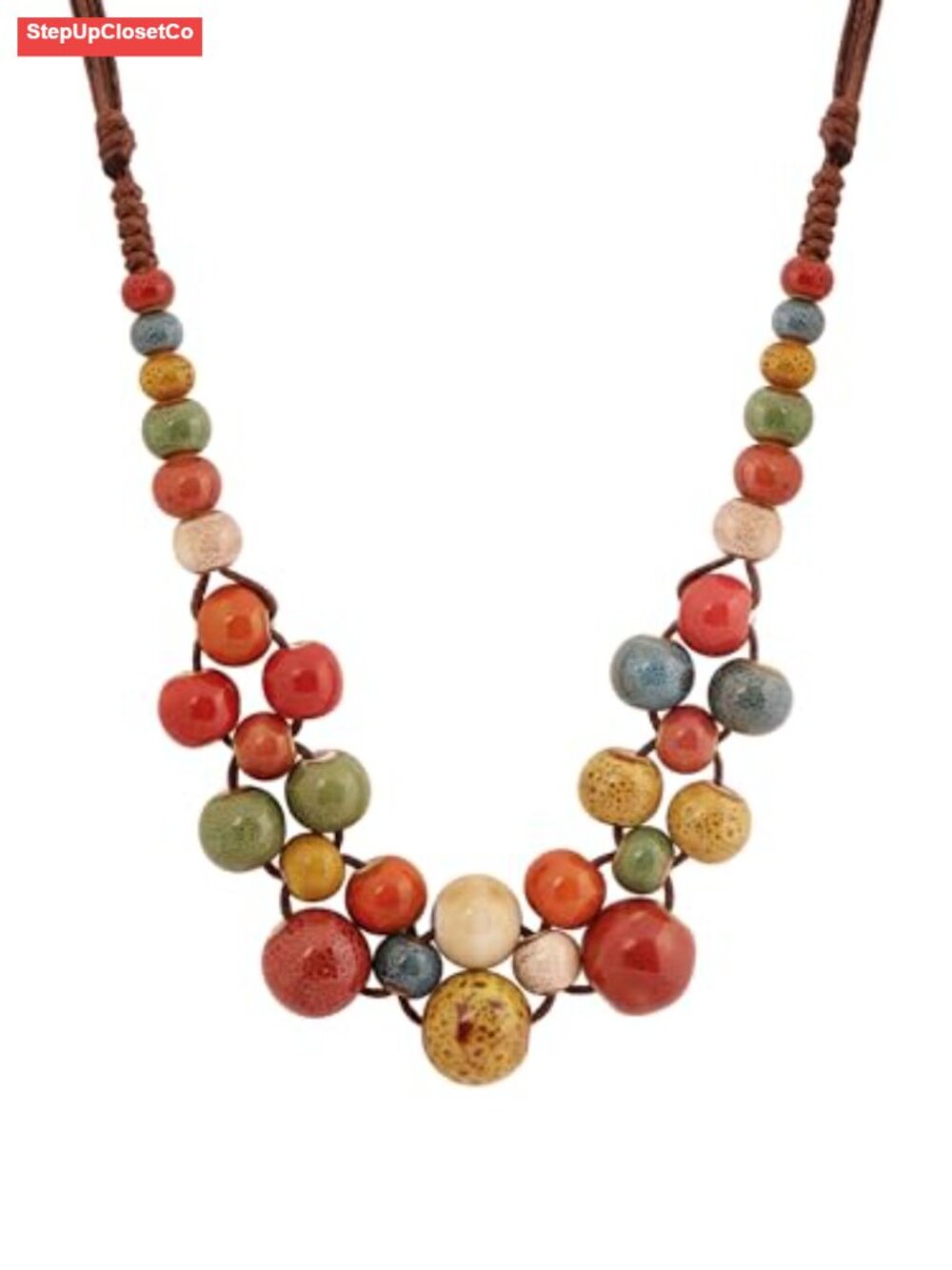 Boho Ceramic Bead Strand Necklace - Adjustable Sliding Cord, Bohemian Statement